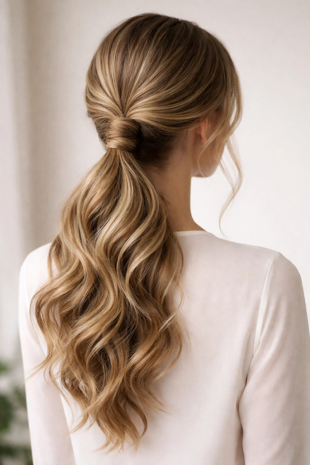 Low fishtail ponytail with soft waves at the nape, viewed from the back.