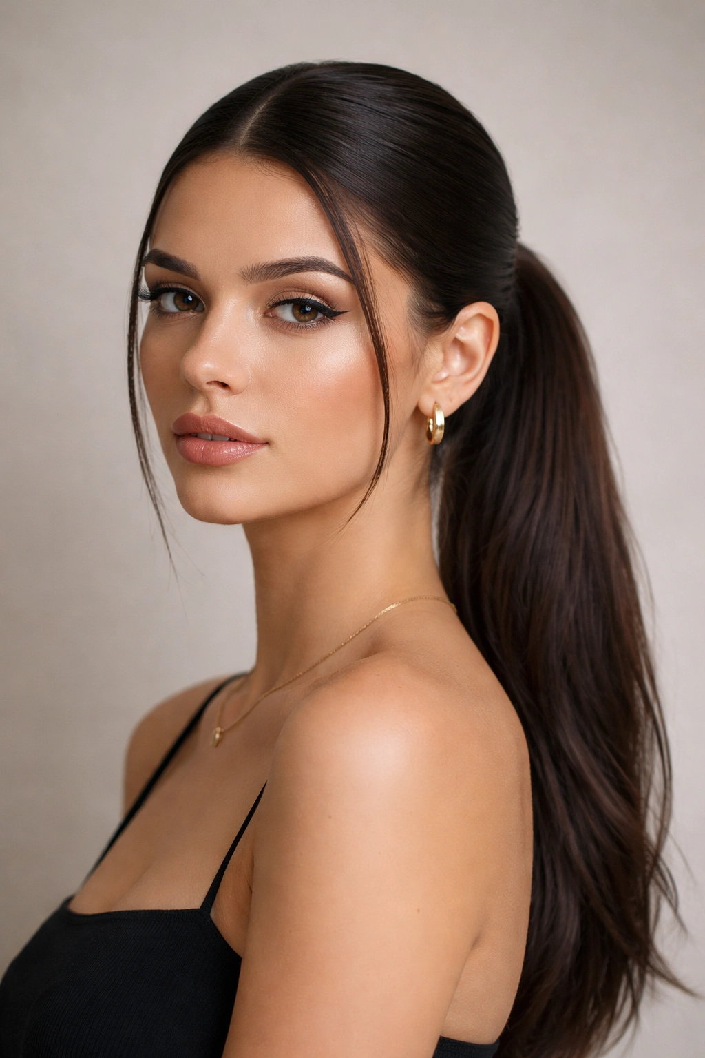 Close-up of a person with a sleek low frontal ponytail in a minimalist studio
