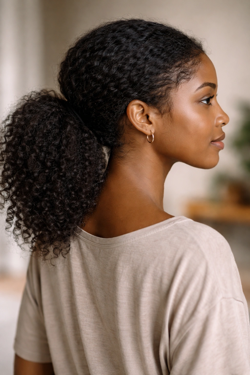 Low gathered ponytail at nape with relaxed, casual vibe