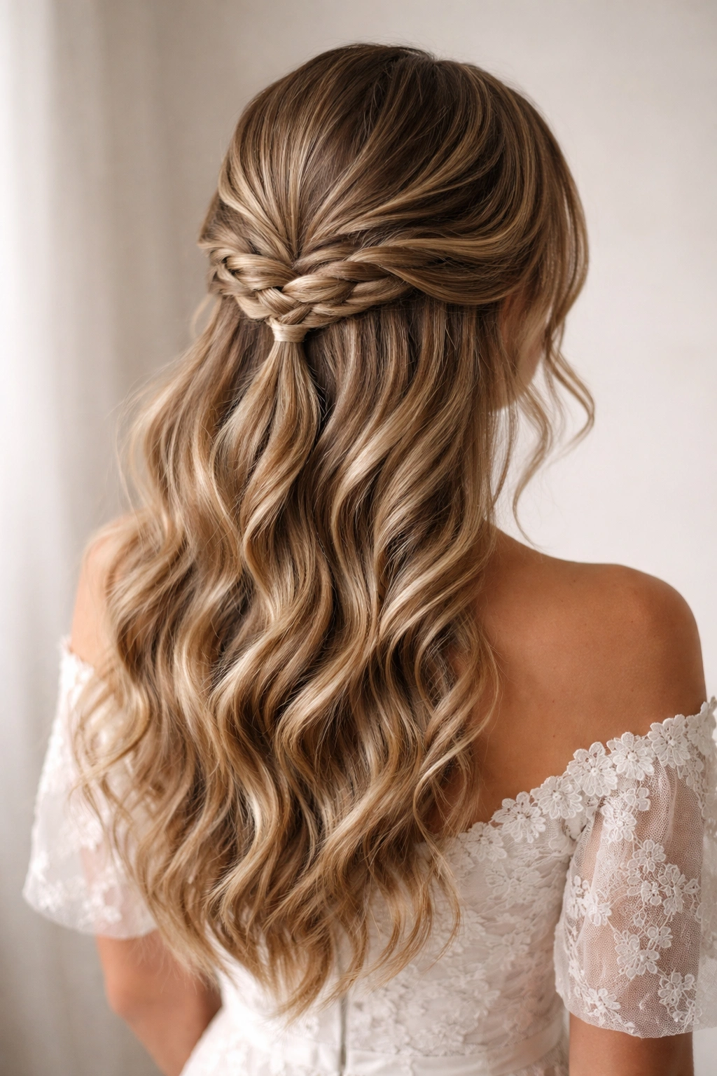 Back view of low half-up with interlaced braid at the nape