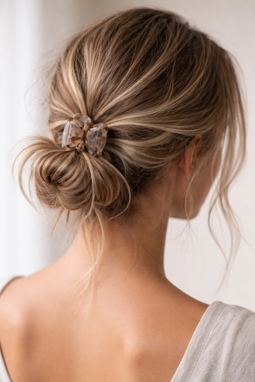 Low knot bun at the nape secured by a claw clip with textured hair