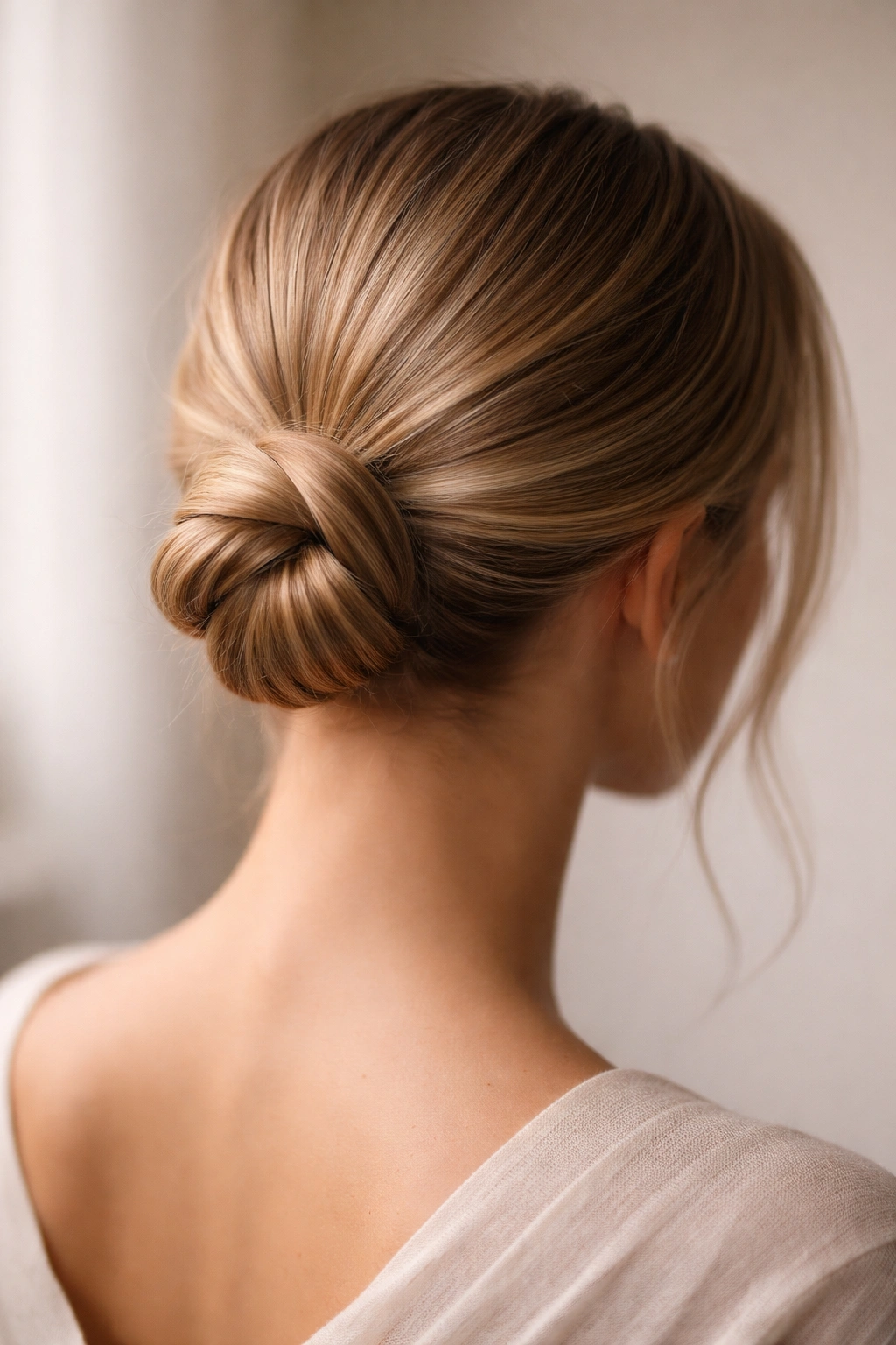 Close-up of a low knot bun at the nape of the neck