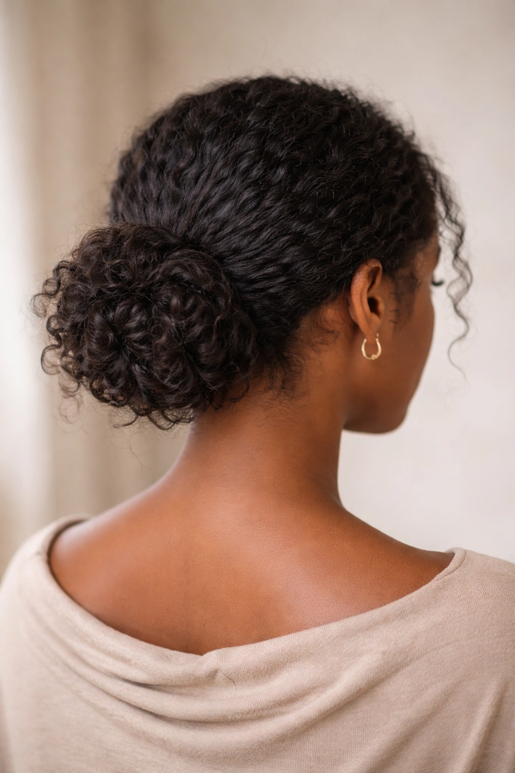 Low, loose bun at the nape with relaxed texture