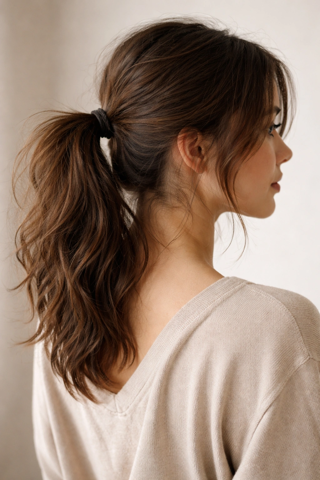 Casual messy mid-pony with loose strands creating natural texture