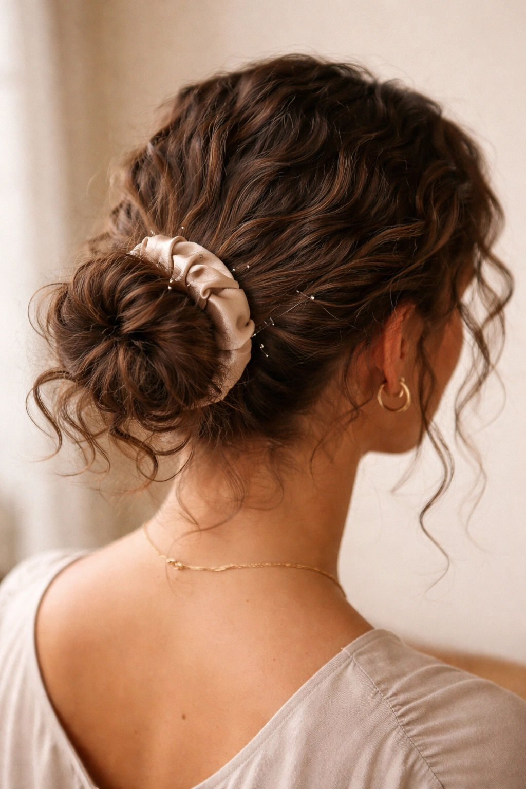 Low messy bun secured with satin scrunchie showing texture