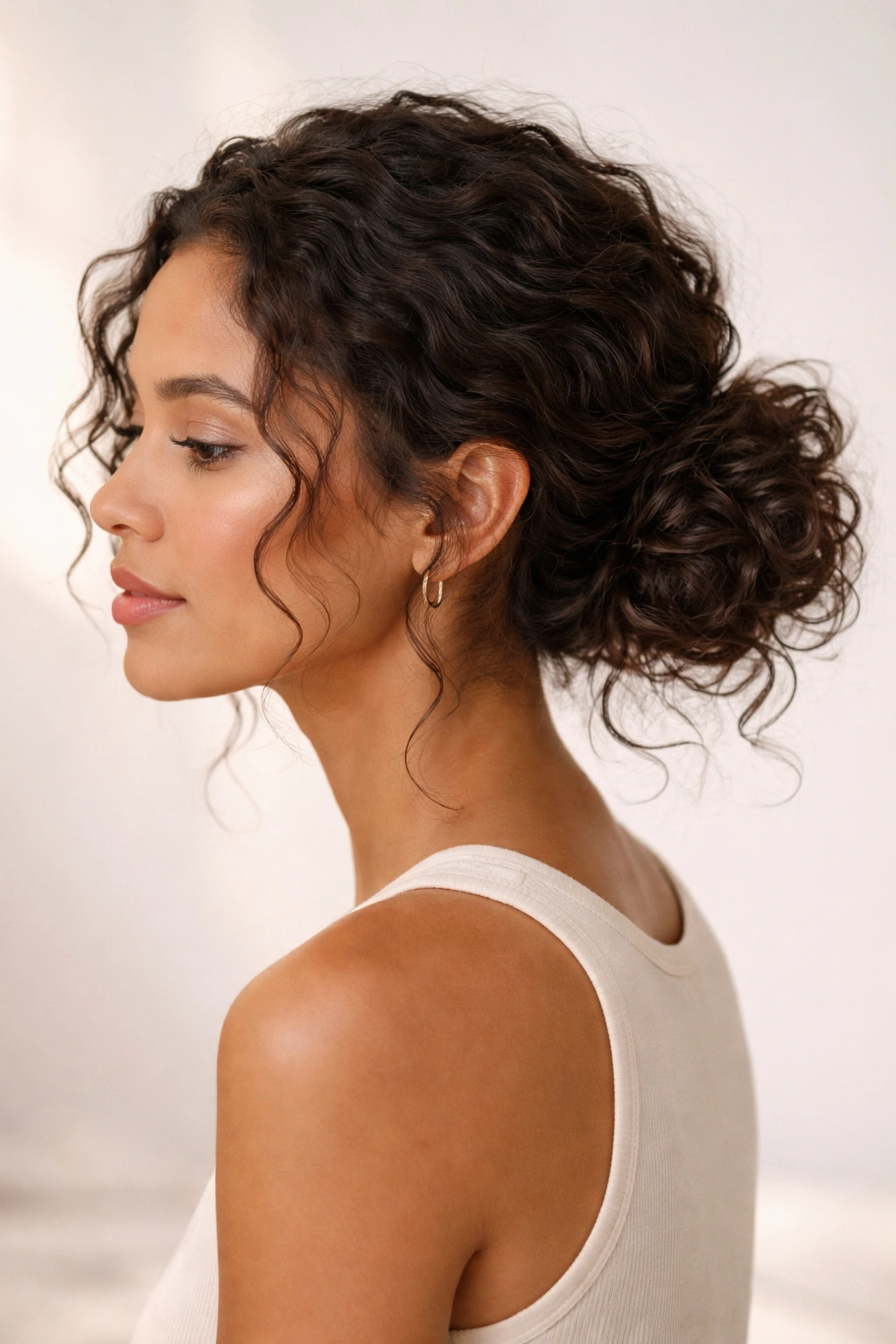 Single person with a low messy bun on curly hair in a neutral studio portrait
