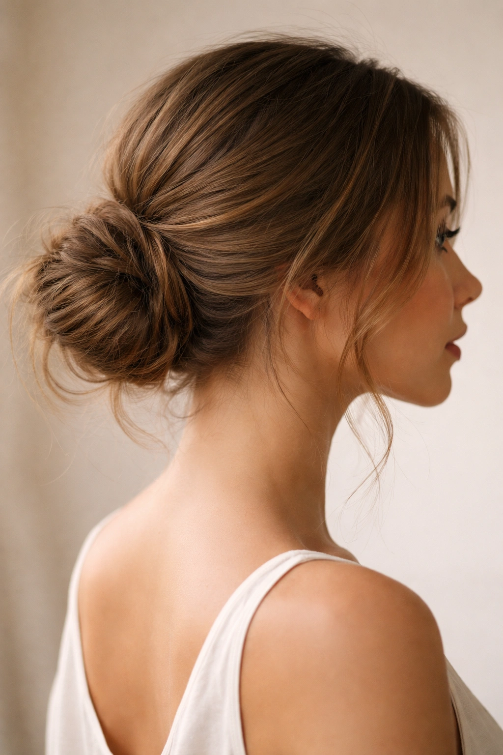 Low messy bun at the nape with soft flyaways.