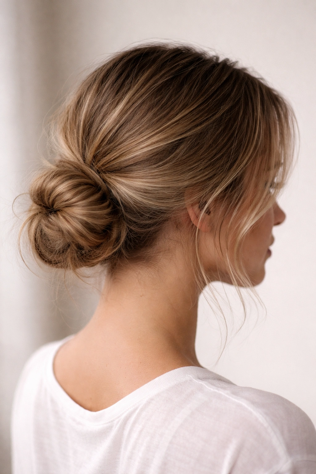 Nape-level low messy bun with soft texture and subtle volume