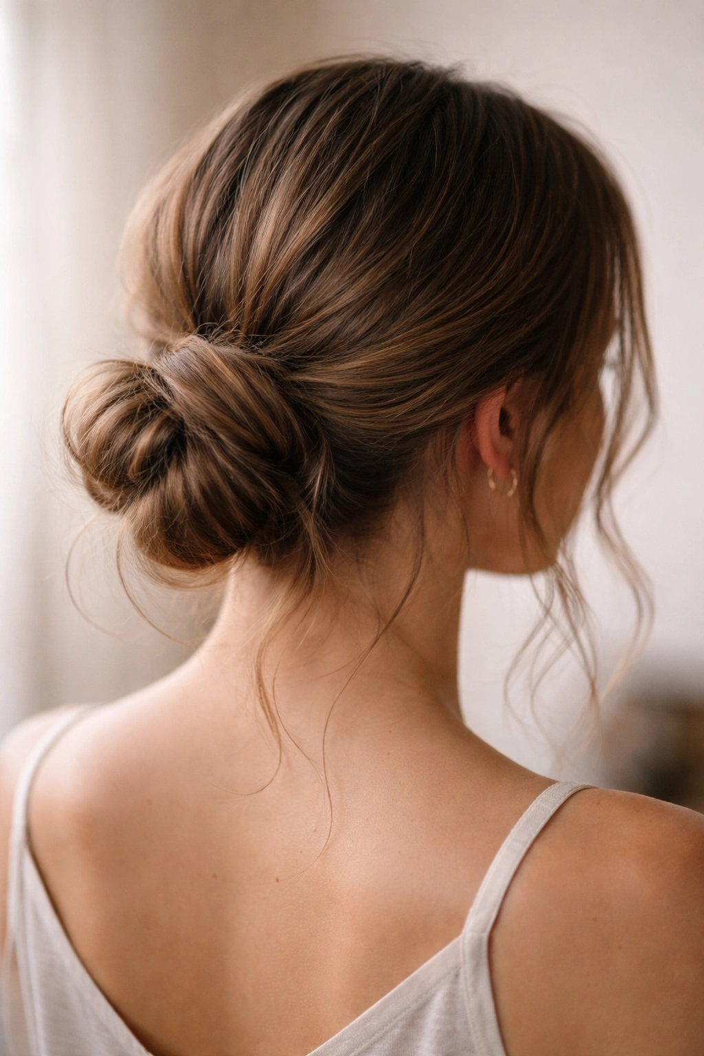 Close-up of a low messy bun at the nape of the neck with textured loose strands
