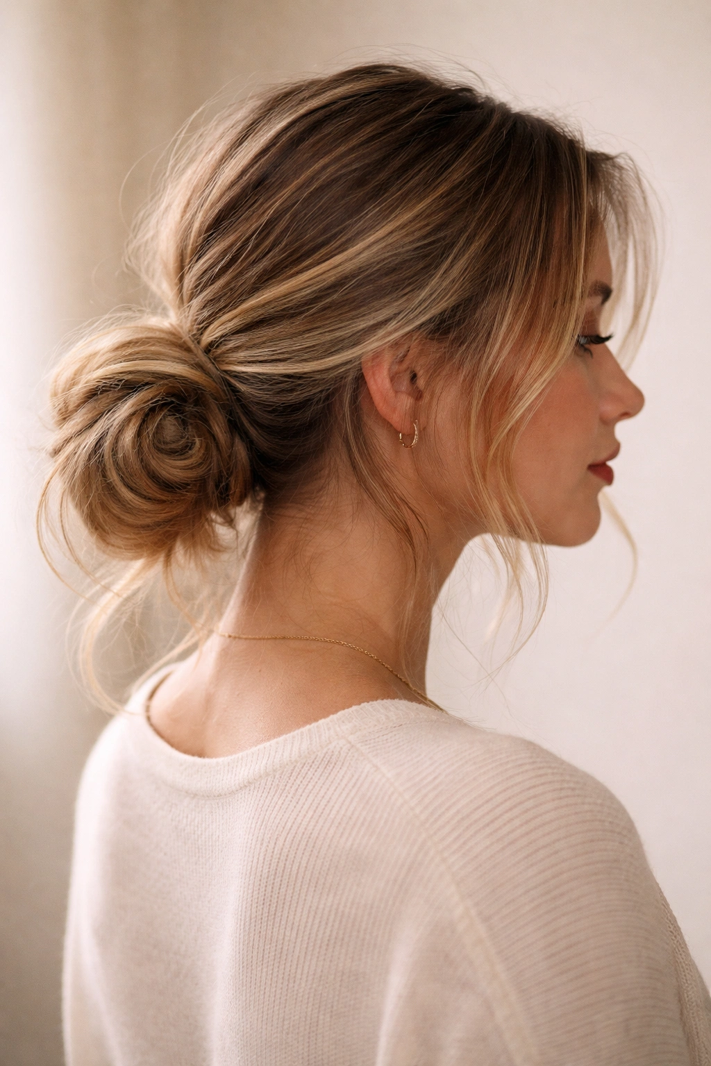 Low messy bun ponytail with textured nape bun and face-framing strands in warm studio light