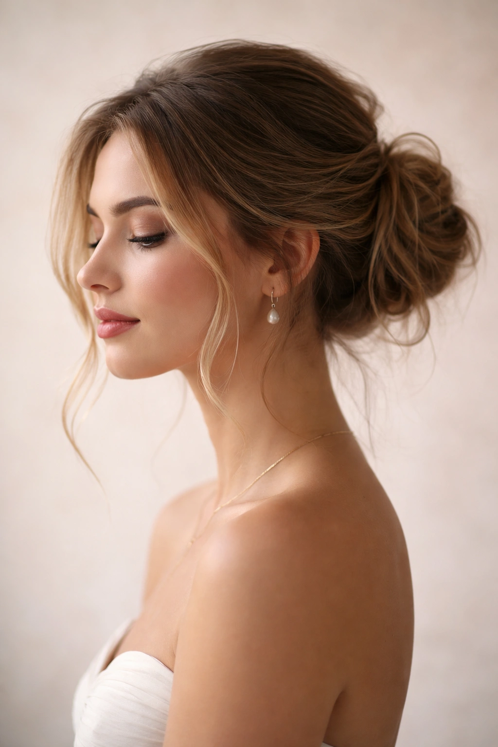 Portrait of a person with a low messy bun and calm expression