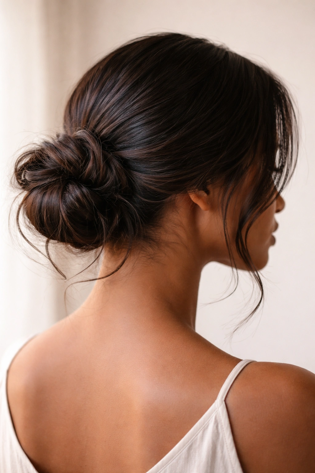 Close-up of a low, loose messy bun at the nape of the neck