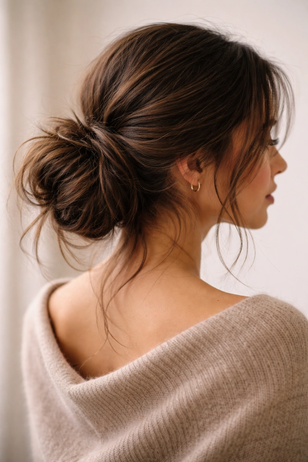 Close-up of thick hair in a low messy bun highlighting texture and volume in a studio portrait