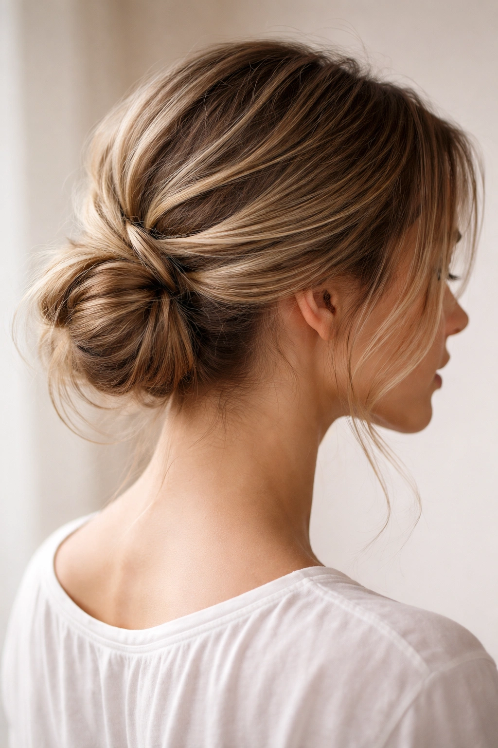 Low twisted messy bun at the nape showing elegant twists