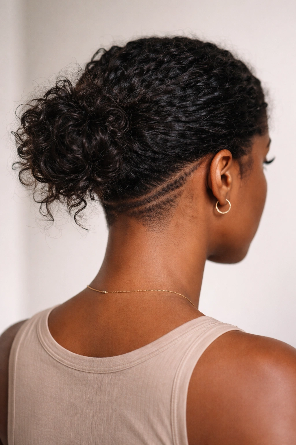 Close-up of a low messy bun at the nape with undercut detail