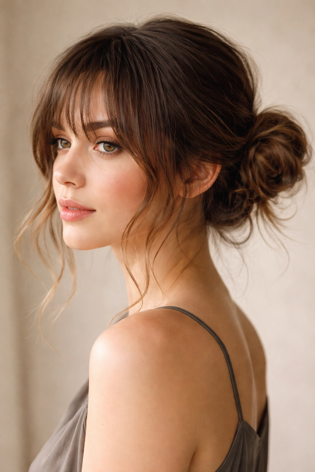 Close-up of a textured low messy bun with bangs, showing hair volume and texture