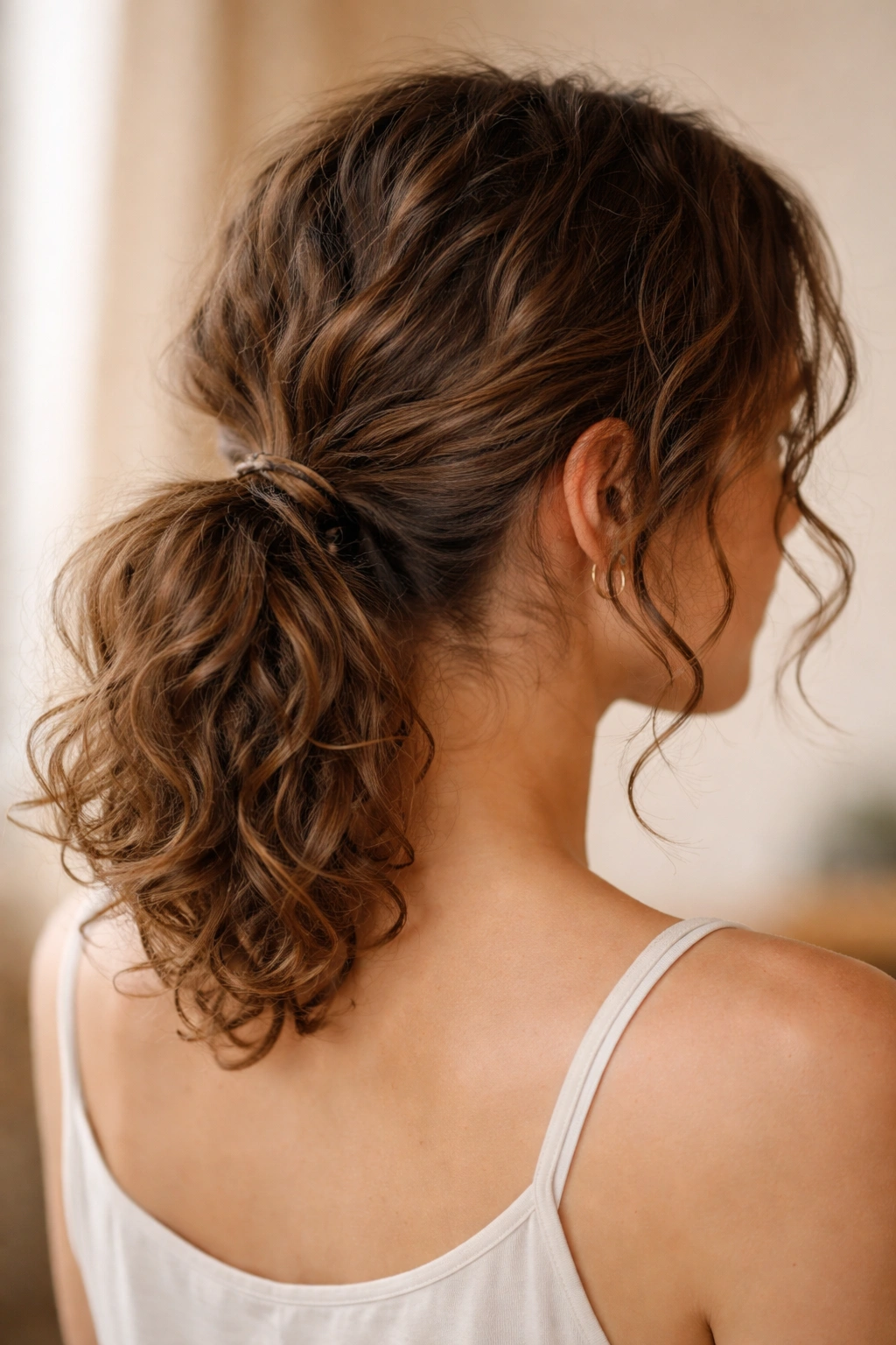Medium shot of a low messy ponytail with loose curls framing the face