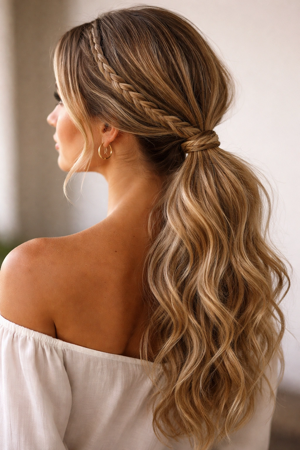 Low bohemian pony with a front braid wrapped around the base