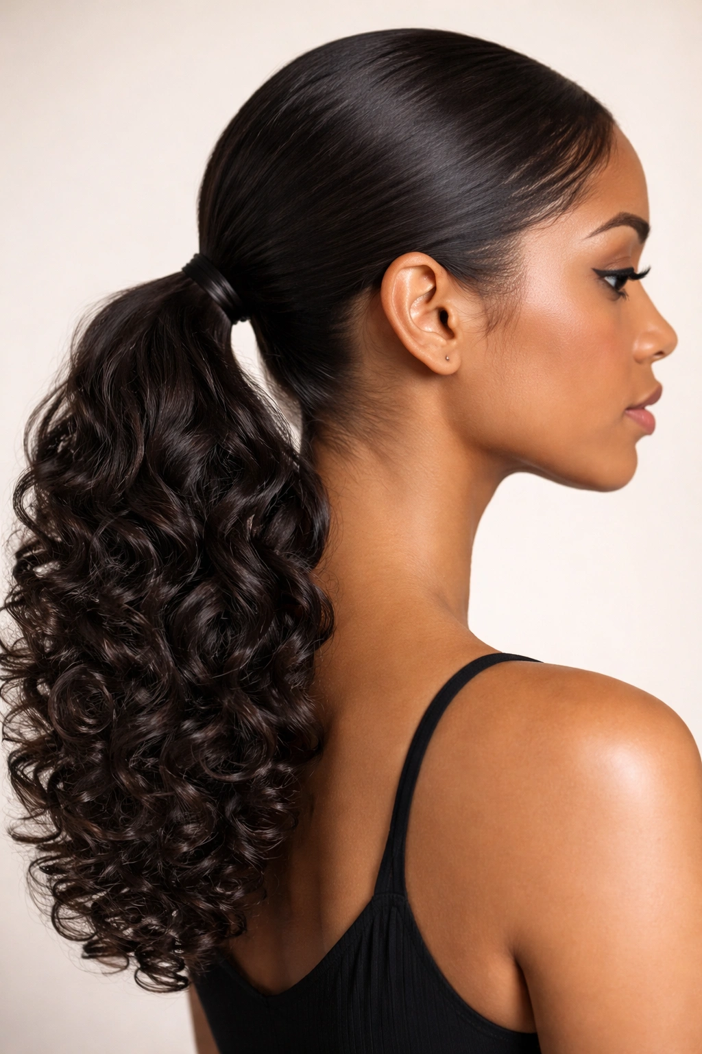 Side profile of a low ponytail with a smooth top and defined curls beneath