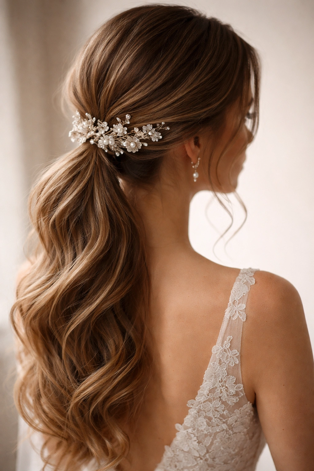 Close-up of a bridal low ponytail with decorative accessories woven at the base