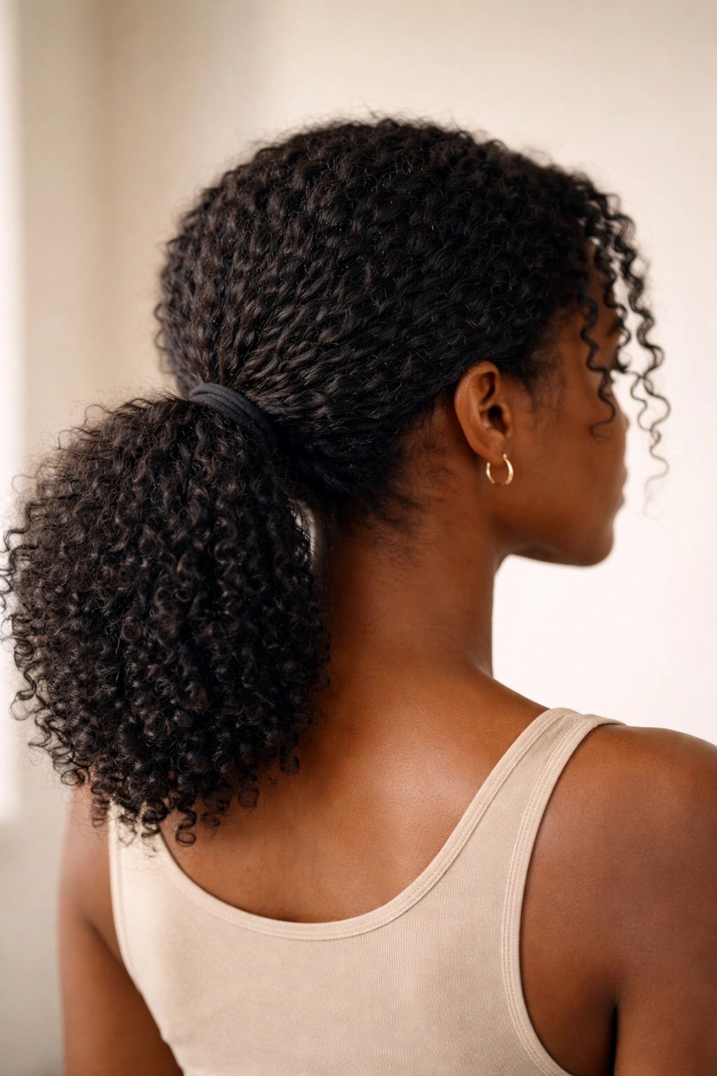 Back view of a low ponytail at the nape with natural Afro texture