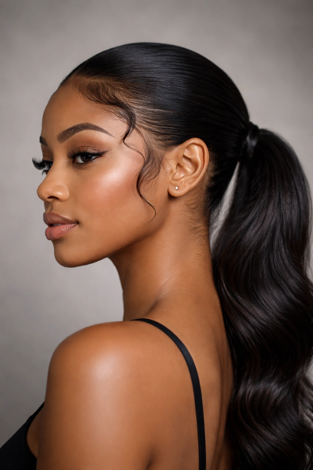 Low ponytail at the nape with defined baby hairs framing the face.
