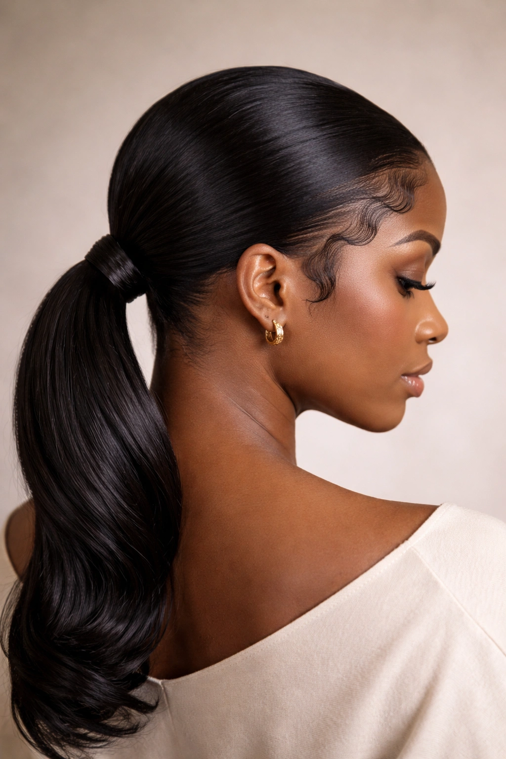 Close-up of a low ponytail at the nape with baby hairs framing the hairline.