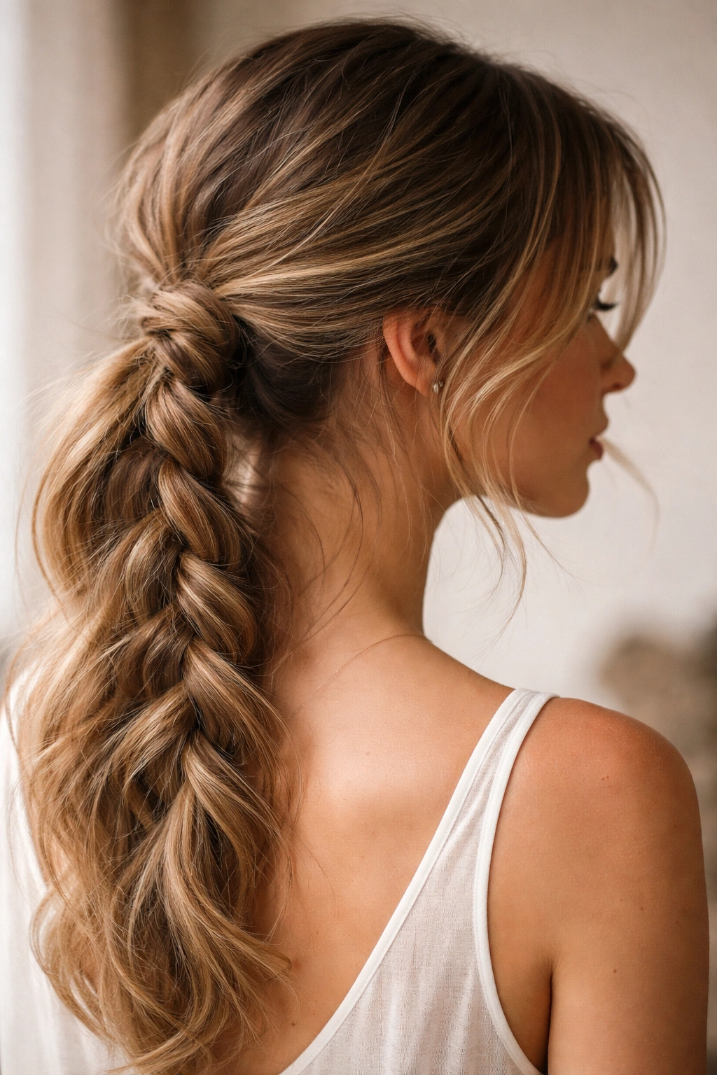 Low ponytail with a loose braid for texture