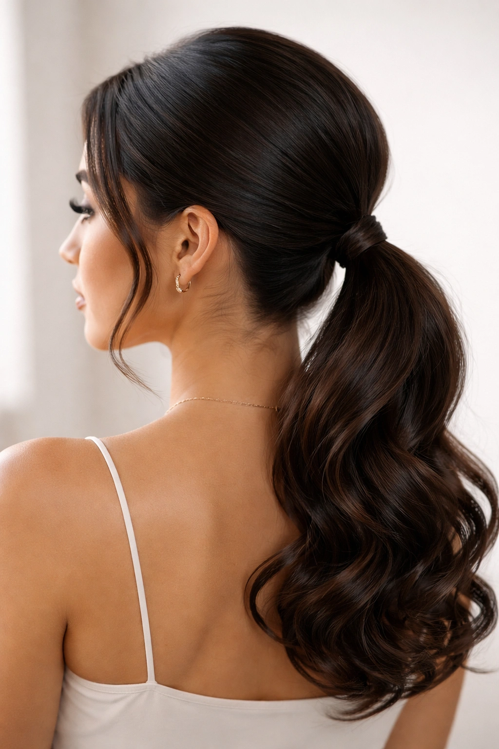 Low ponytail with curled ends and soft waves