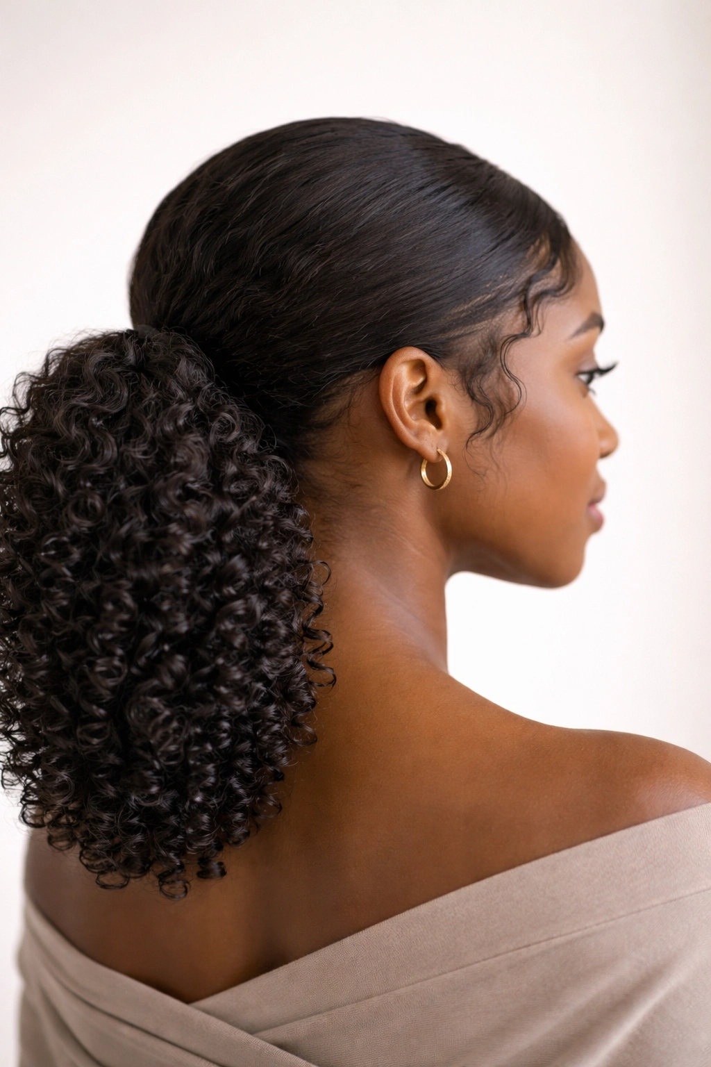 Low ponytail showing defined curls at the nape.