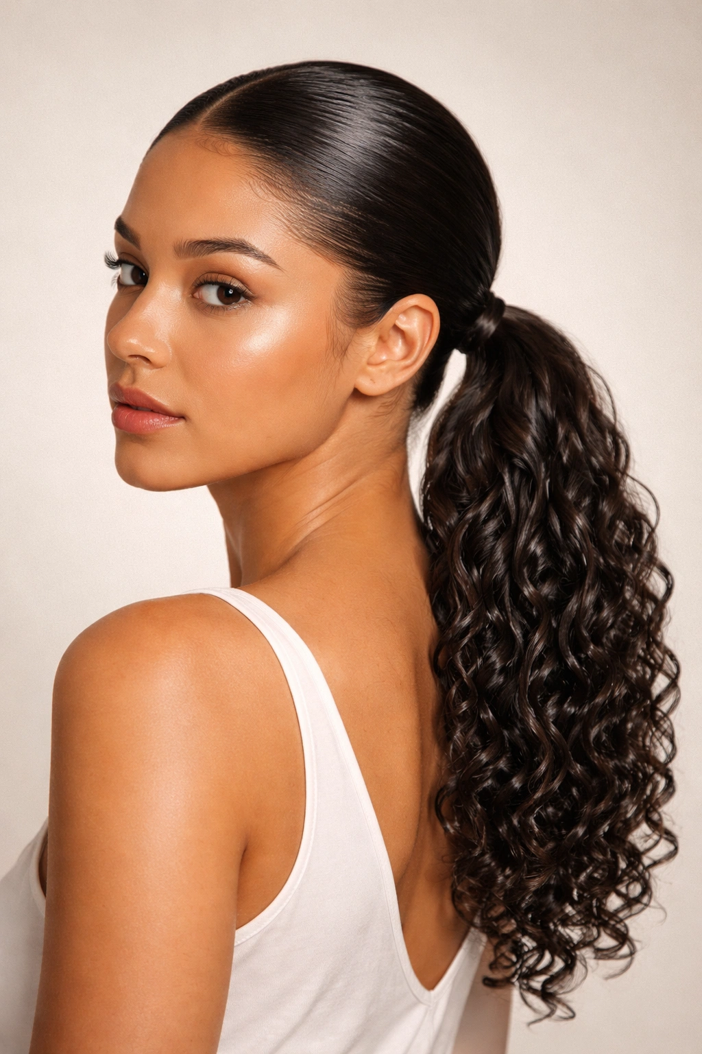 Sleek low ponytail showing defined curls and oil sheen