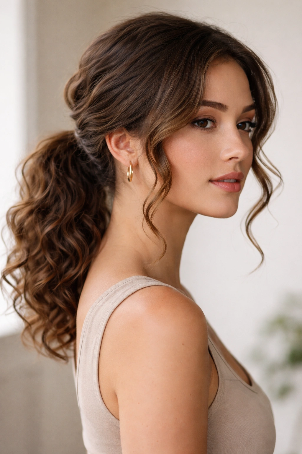 Low ponytail at nape with face-framing curly pieces