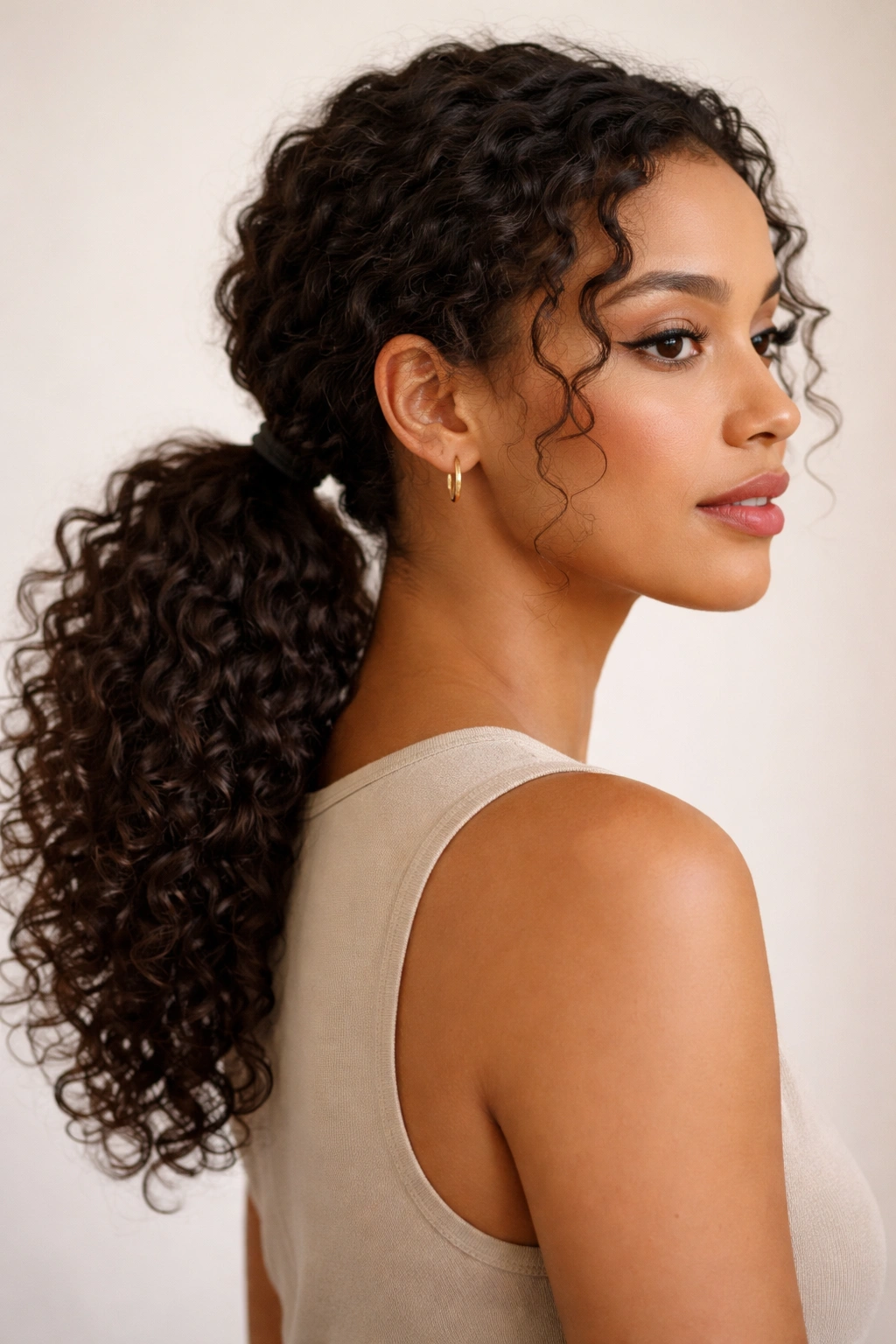 Close-up portrait showing a low ponytail on curly hair in a neutral studio