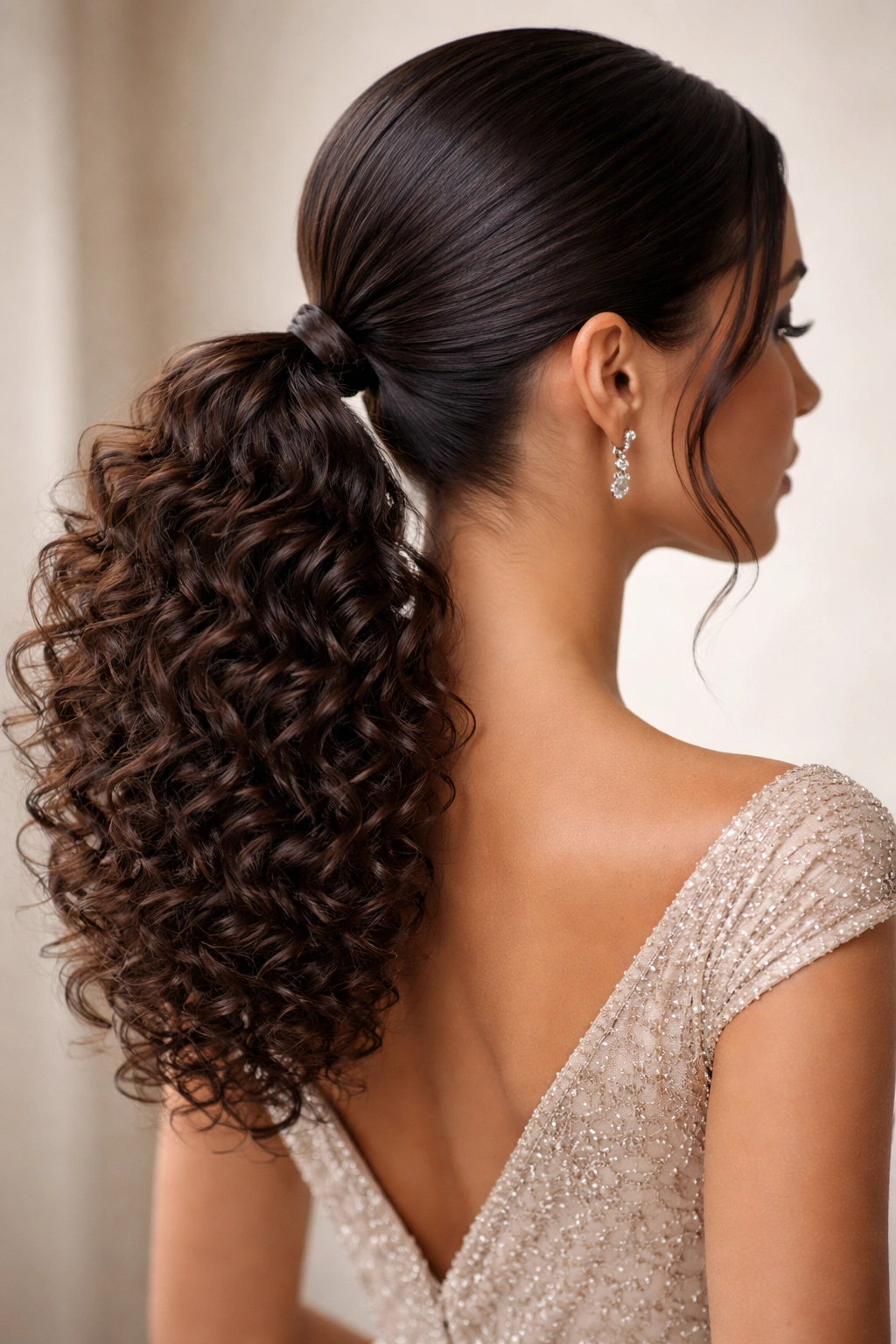 Sleek low ponytail with smooth crown and textured curls at the base
