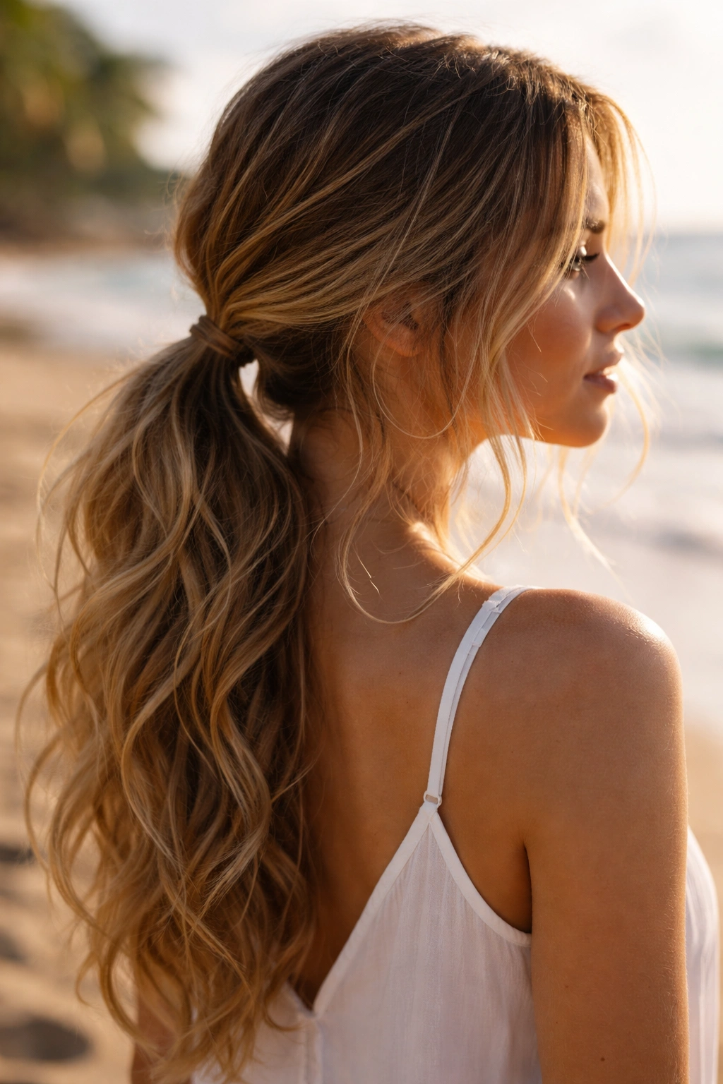 Low ponytail with escaping waves framing the face on beach