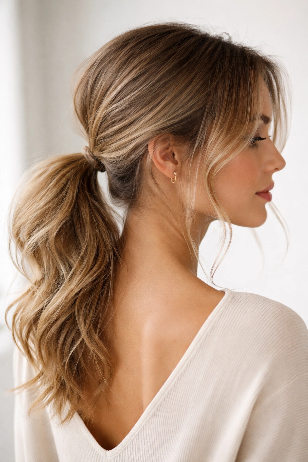 Messy low ponytail at nape with face-framing wisps