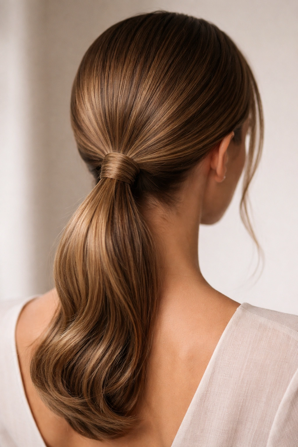 Low rounded ponytail with hidden elastic creating a seamless silhouette