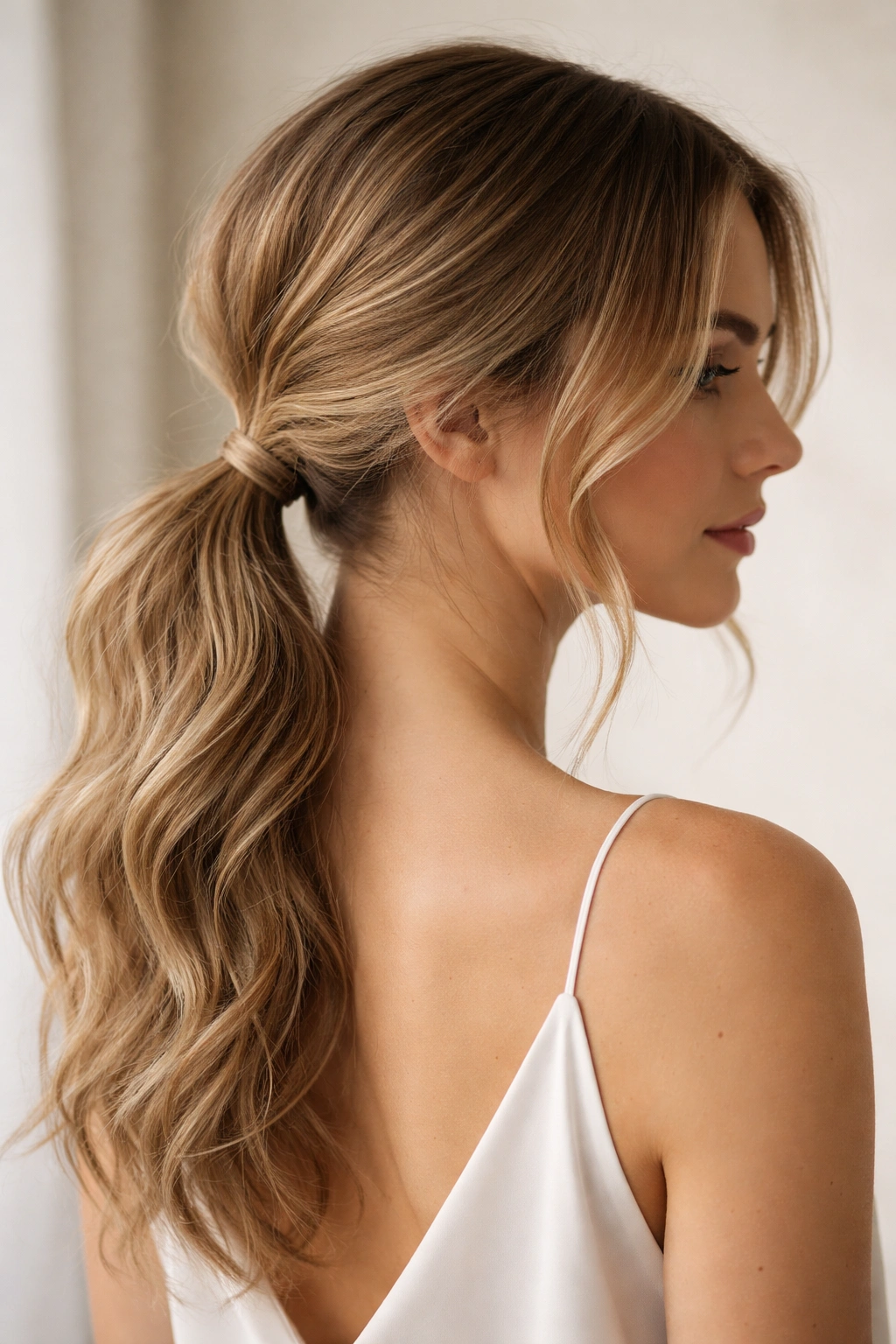 Close-up of a soft romantic low ponytail with middle part and textured waves