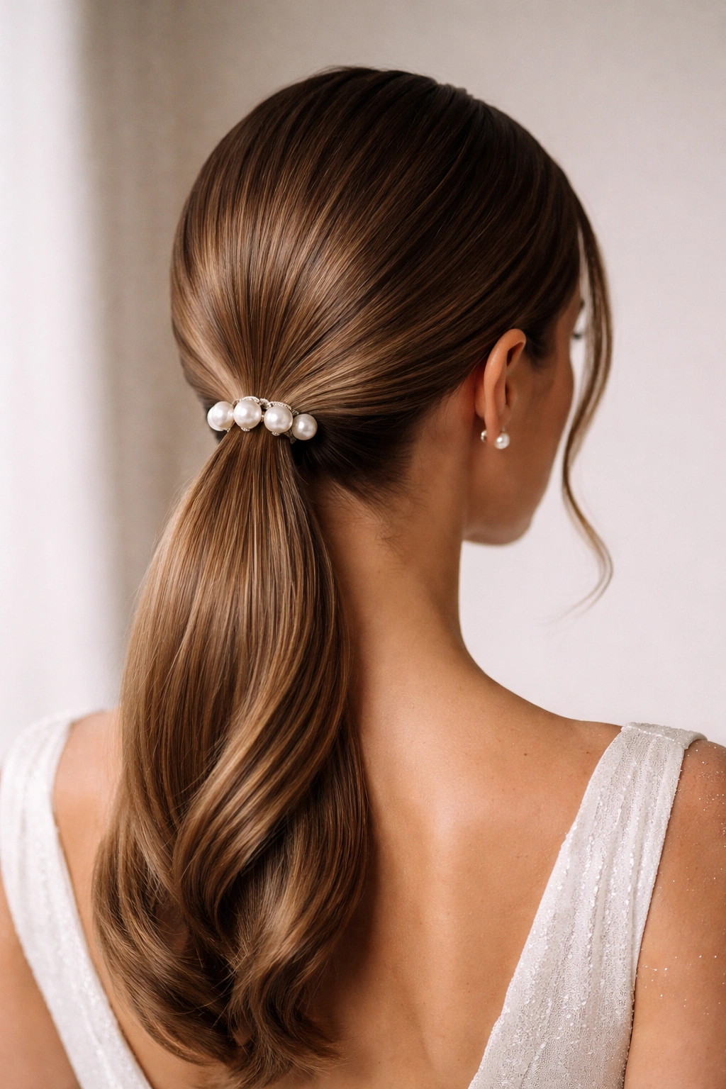 Low ponytail at the nape with pearl pins along the base