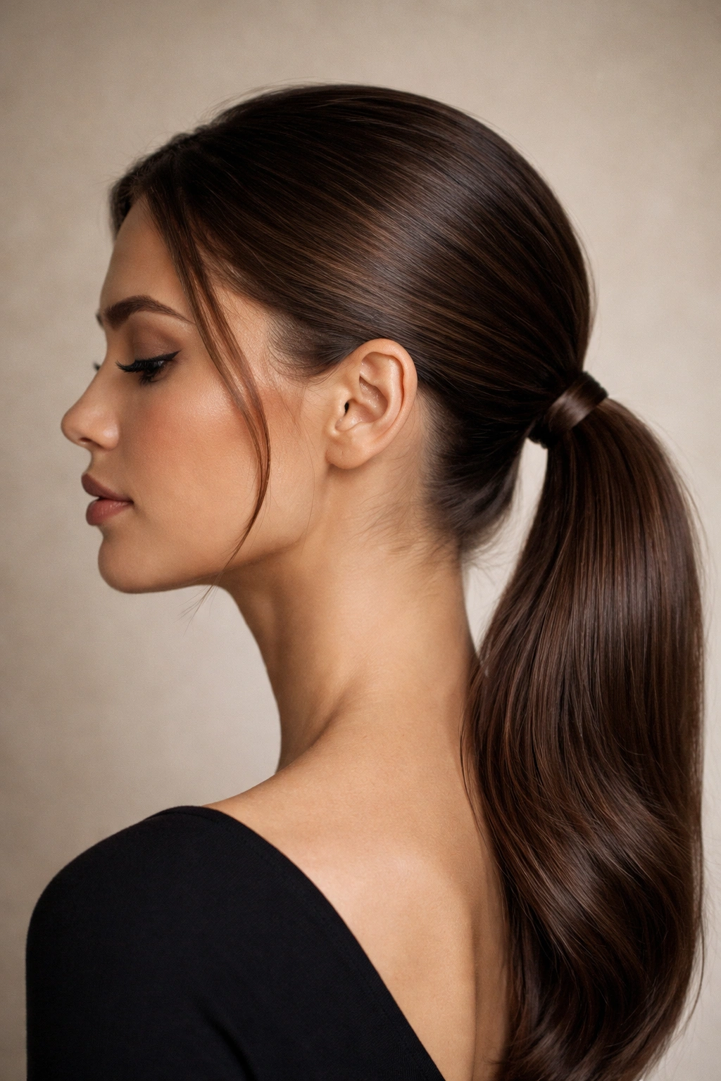 Close-up side profile of a person with a sleek low ponytail at the nape of the neck