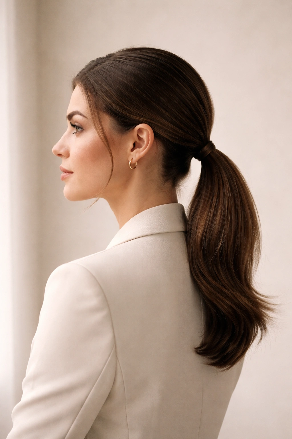 Portrait of a professional with a sleek low ponytail, studio lighting highlighting smooth hair