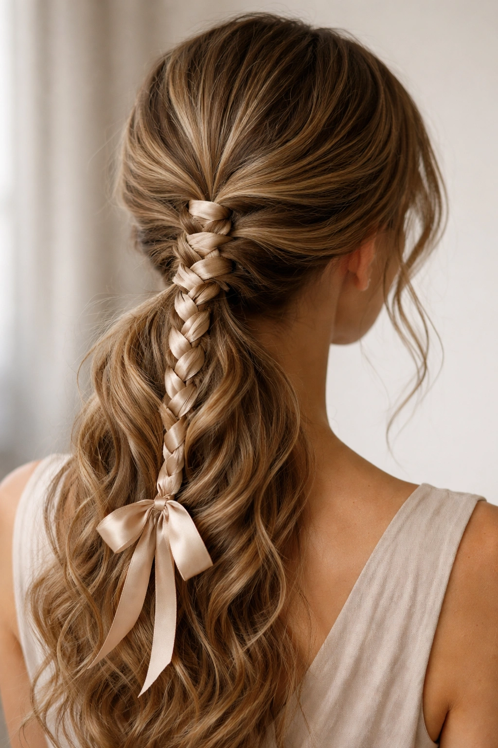 Low ponytail with ribbon woven through sections in wavy hair