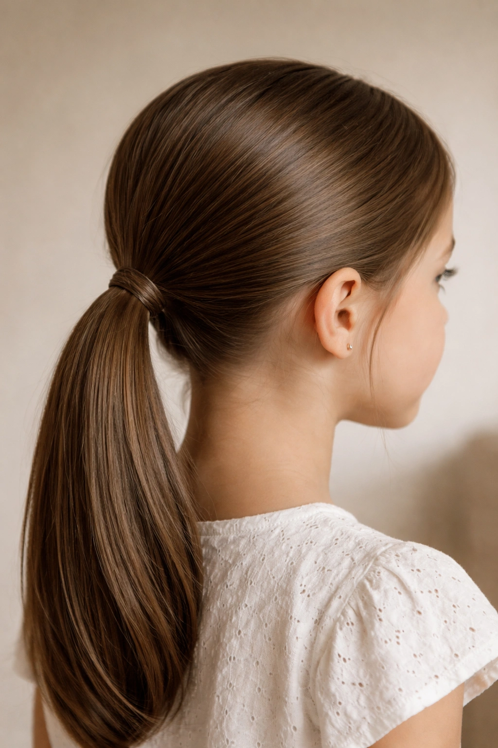 Close-up of a low sleek ponytail at the nape of the neck with a discreet elastic