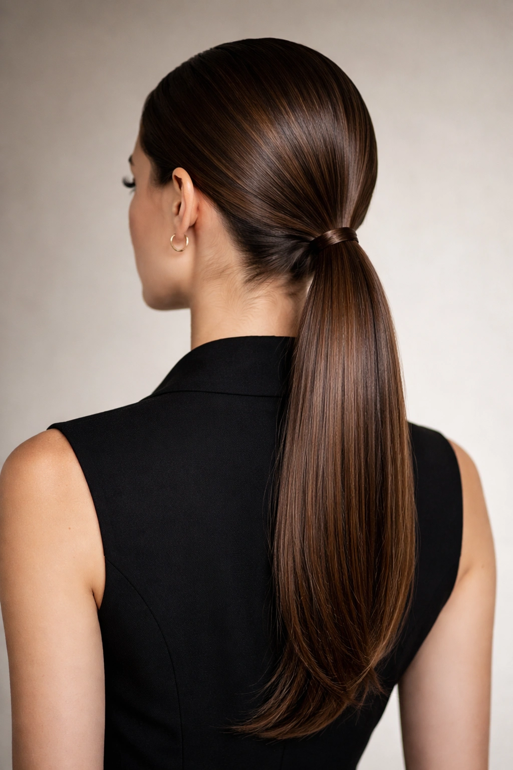 Full-length view of a low ponytail at the nape with smooth glossy hair on a neutral backdrop