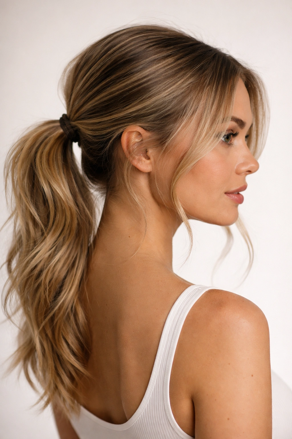 Low ponytail with sleek crown and loose, undone pieces