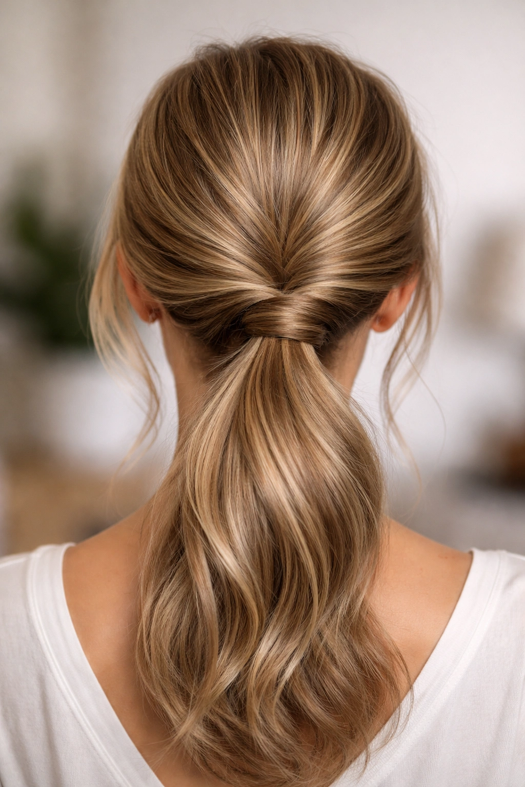 Low ponytail with twisted sections and teased crown for density