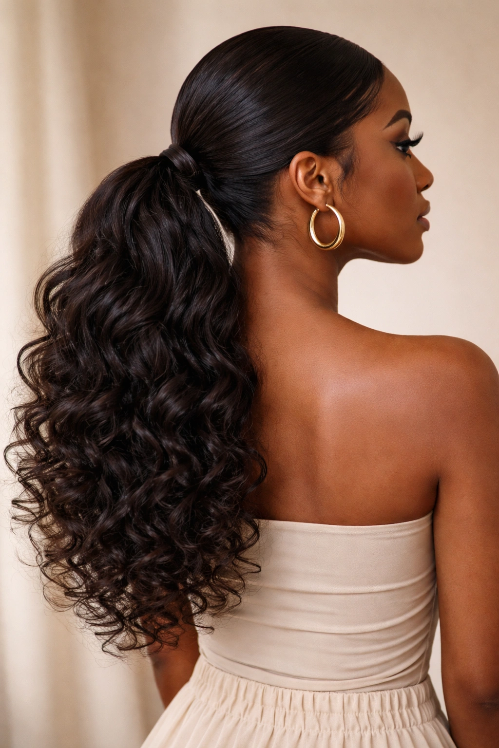 Low ponytail at the nape with voluminous textured ends for dramatic movement