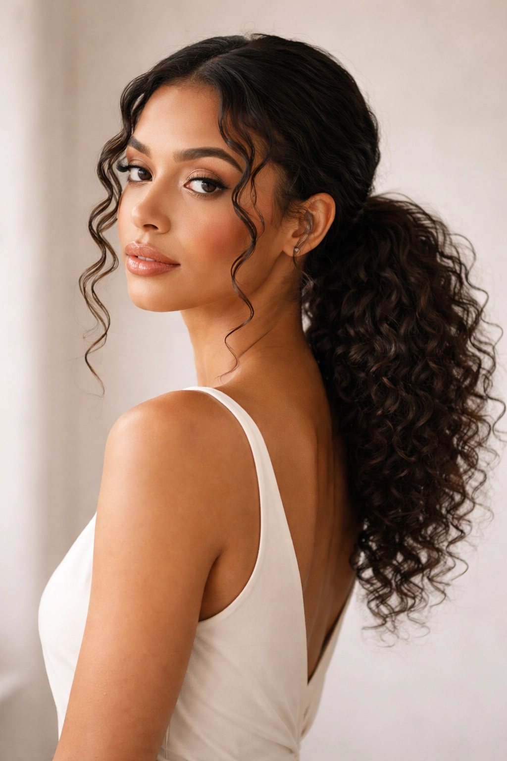 Textured low ponytail with face-framing curls and polished texture
