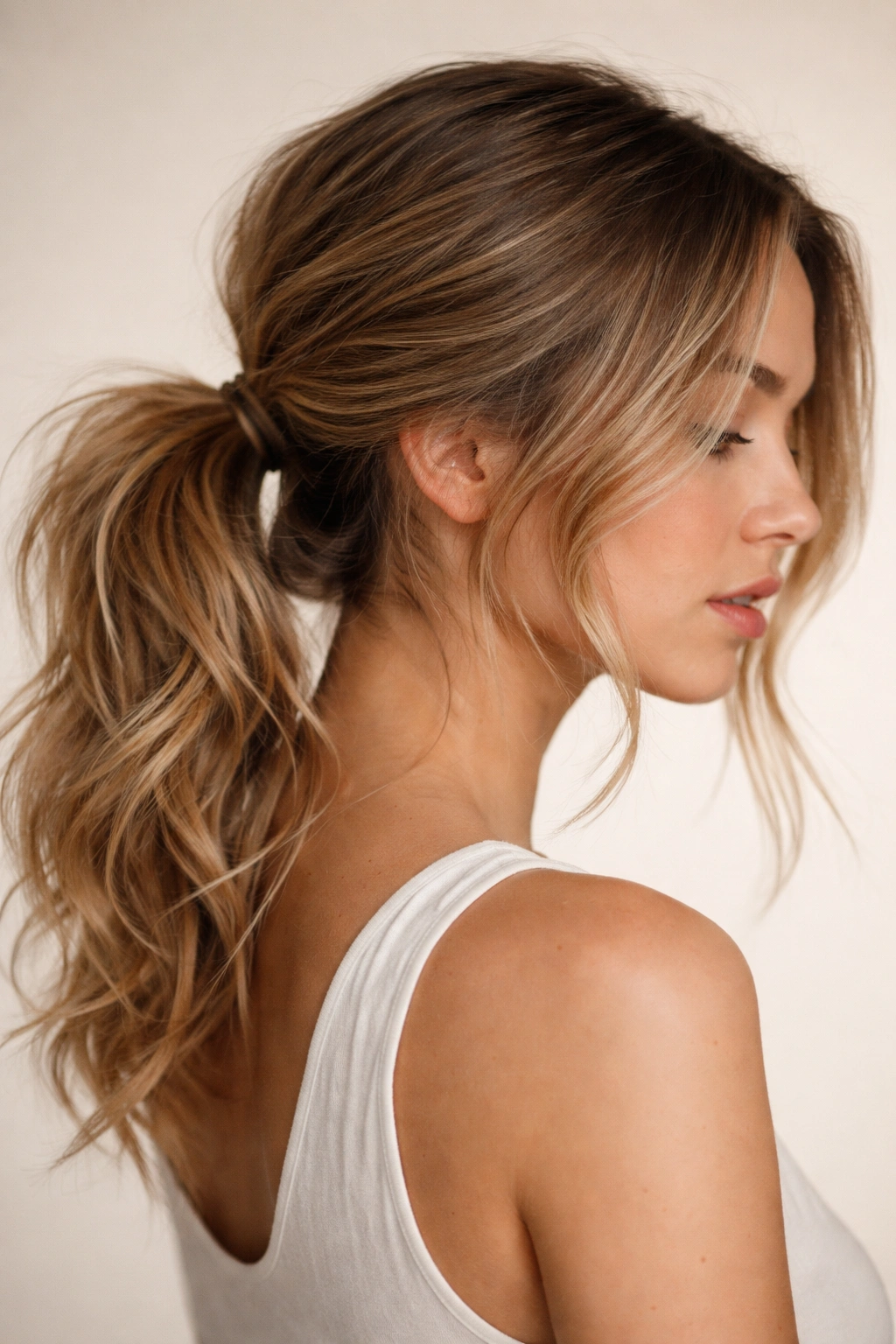 Close-up of textured low ponytail with face-framing pieces