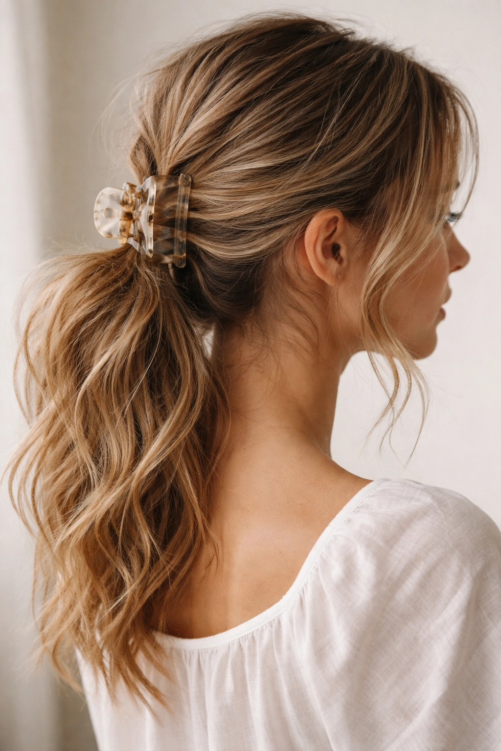 Low ponytail with textured, slightly messy look secured by a claw clip